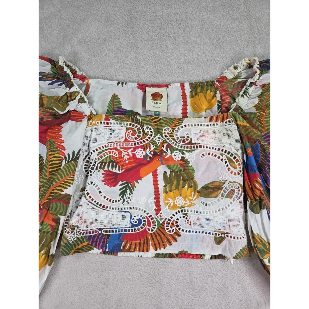 Farm Rio Top Womens Medium Cropped Bird Tropical Embroidered Floral - Picture 4 of 15